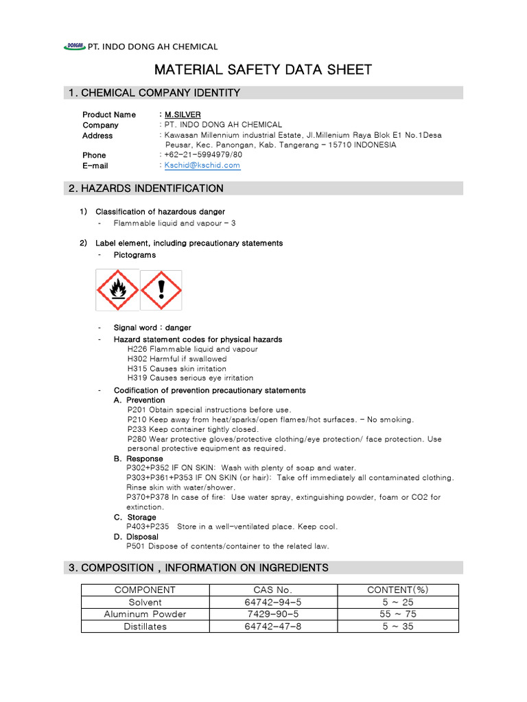 M.SILVER Material Safety Data Sheet | PDF | Firefighting | Fires