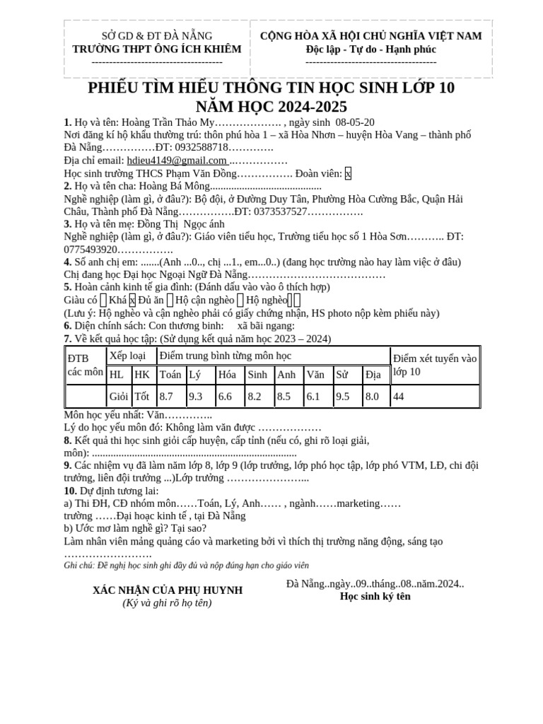Mau Phieu Thong Tin Hoc Sinh | PDF