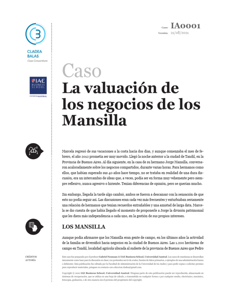 Conflictos en el negocio Mansilla | PDF | Modelo de fijación de precios ...
