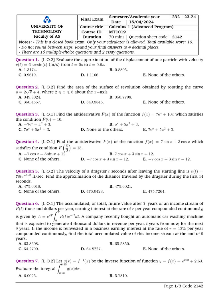 Calculus 1 Final Exam Questions 2024 | PDF | Mathematical Analysis