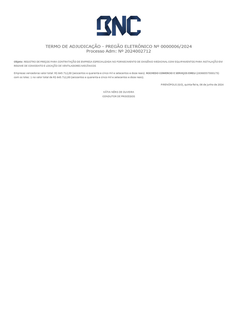 Termo de Adjudicação 0000006 - 2024 - BNC | PDF