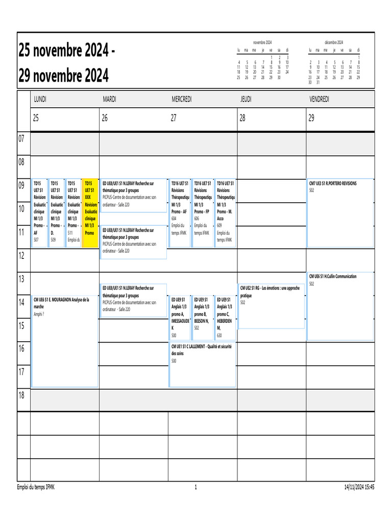 Emploi du temps IFMK novembre-décembre 2024 | PDF