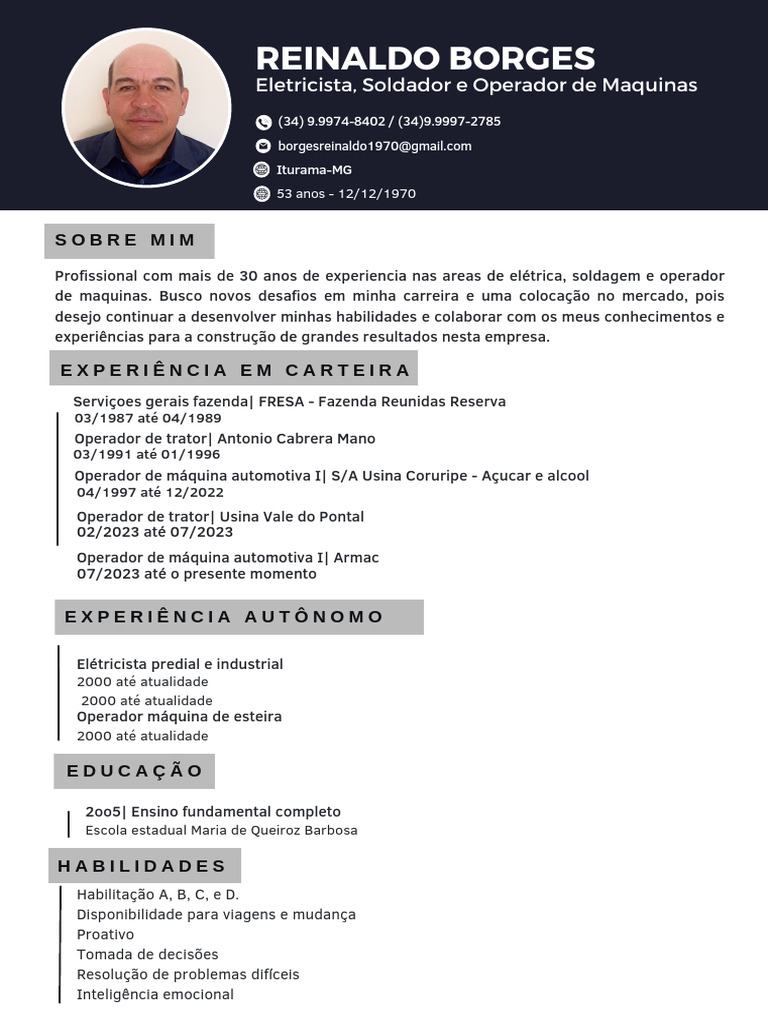 Reinaldo Borges: Eletricista e Operador de Máquinas | PDF