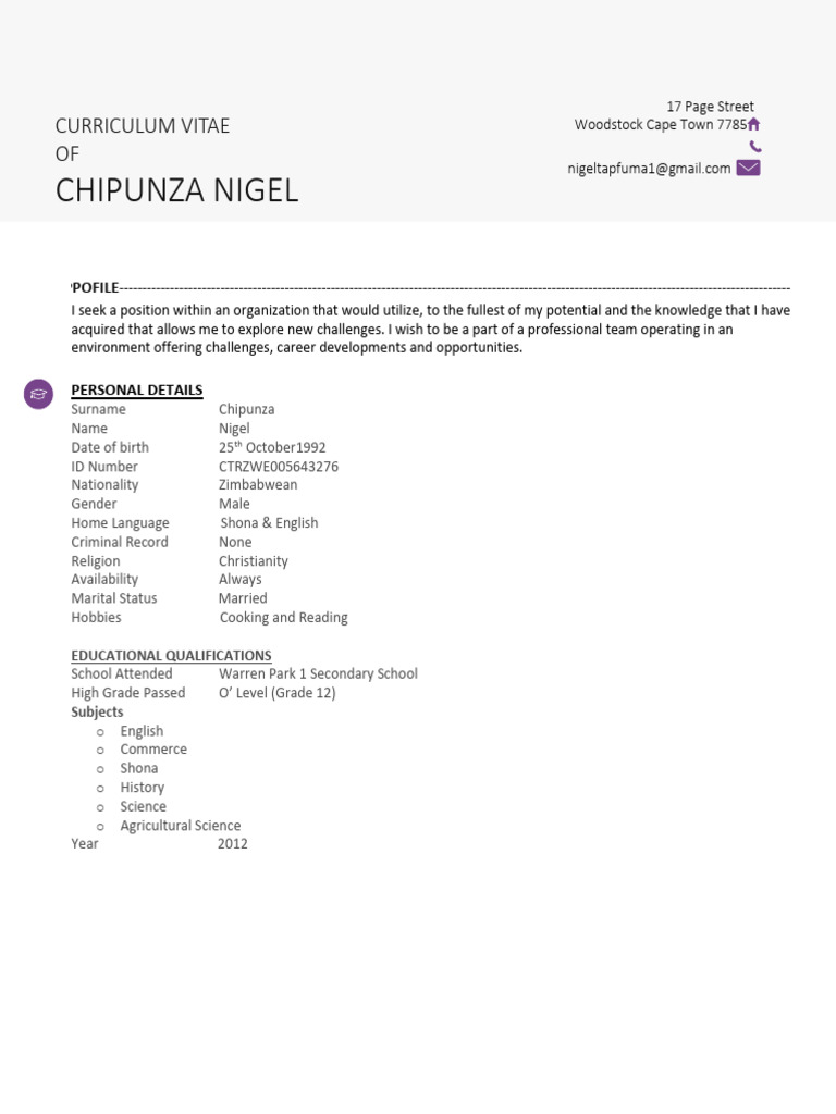 Curriculum Vitae of Chipunza Nigel | PDF