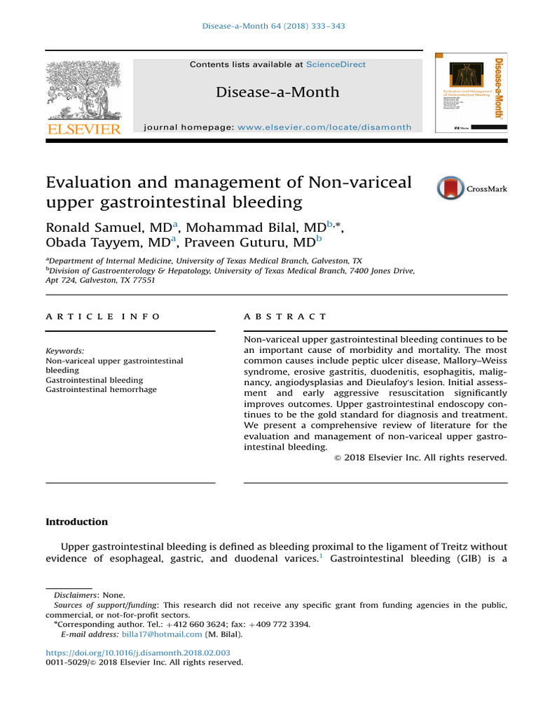 Evaluation and Management of Non Variceal Upper Gastrointestinal | PDF ...