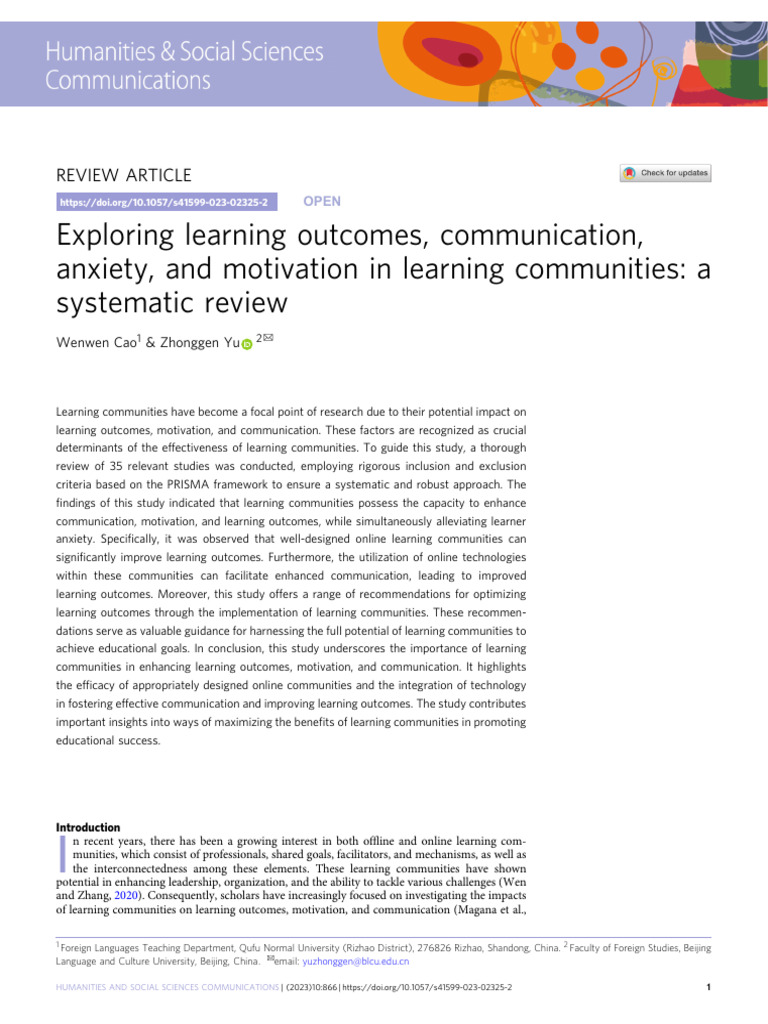 Exploring Learning Outcomes, Communication, Anxiety, and Motivation in ...