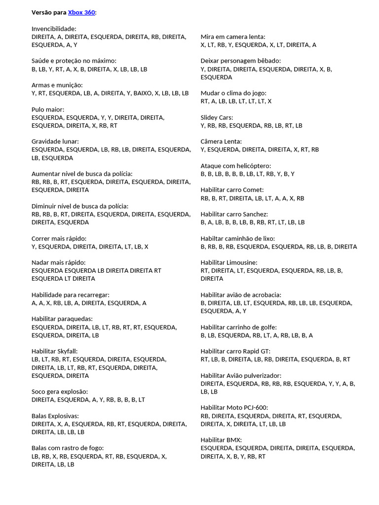 Códigos GTA V para Xbox 360 | PDF