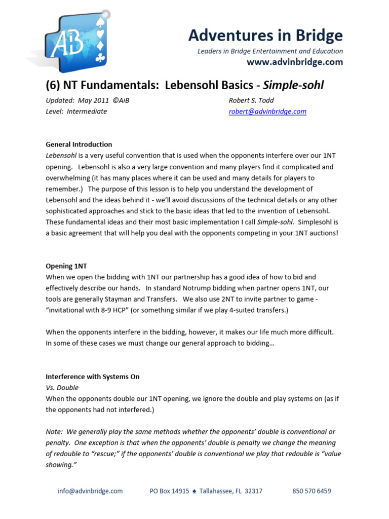 6 simple sohl lebensohl basics pdf contract bridge