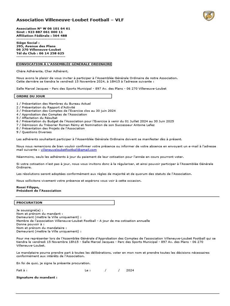 Convocation Assemblée Générale VLF 2024 | PDF | Gouvernement