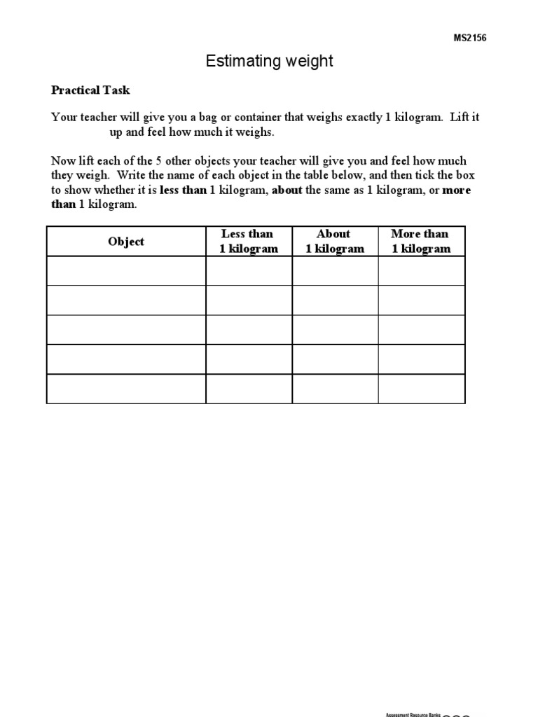 Estimating Weights of Everyday Objects | PDF | Weight | Kilogram