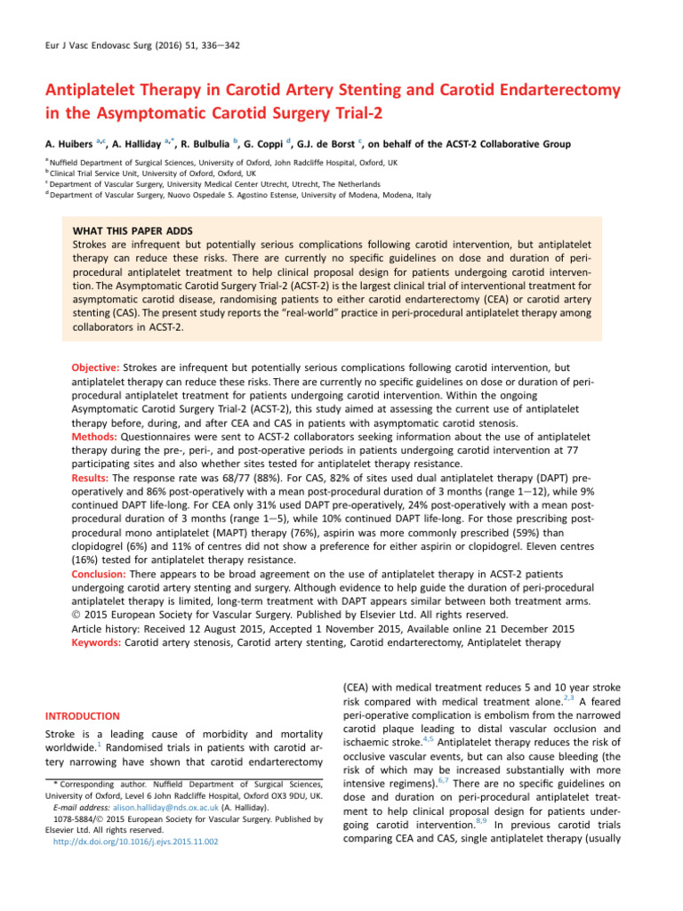 Antiplatelet Therapy in Carotid Artery Stenting and Carotid ...