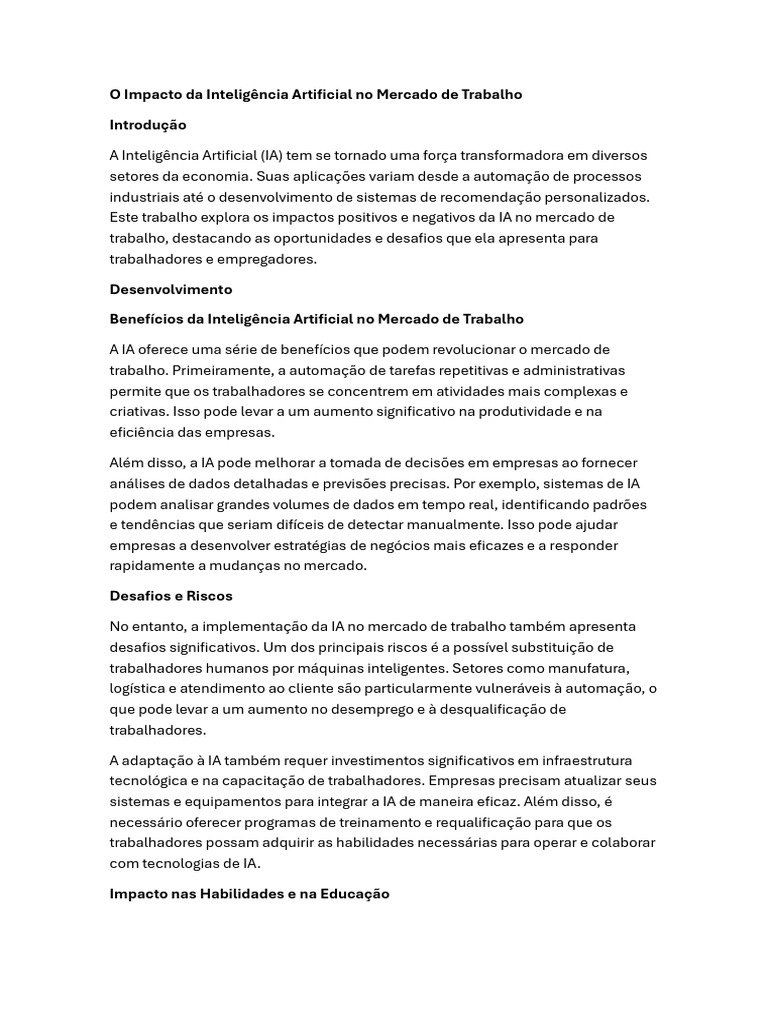Impacto da IA no Mercado de Trabalho | PDF | Inteligência artificial ...