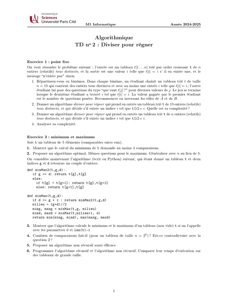 Algorithmes Diviser pour Régner en TD M1 | PDF | Théorie de la ...