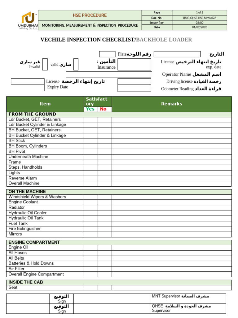 01 A Backhoe Loader Inspection Checklist | PDF | Heavy Equipment ...