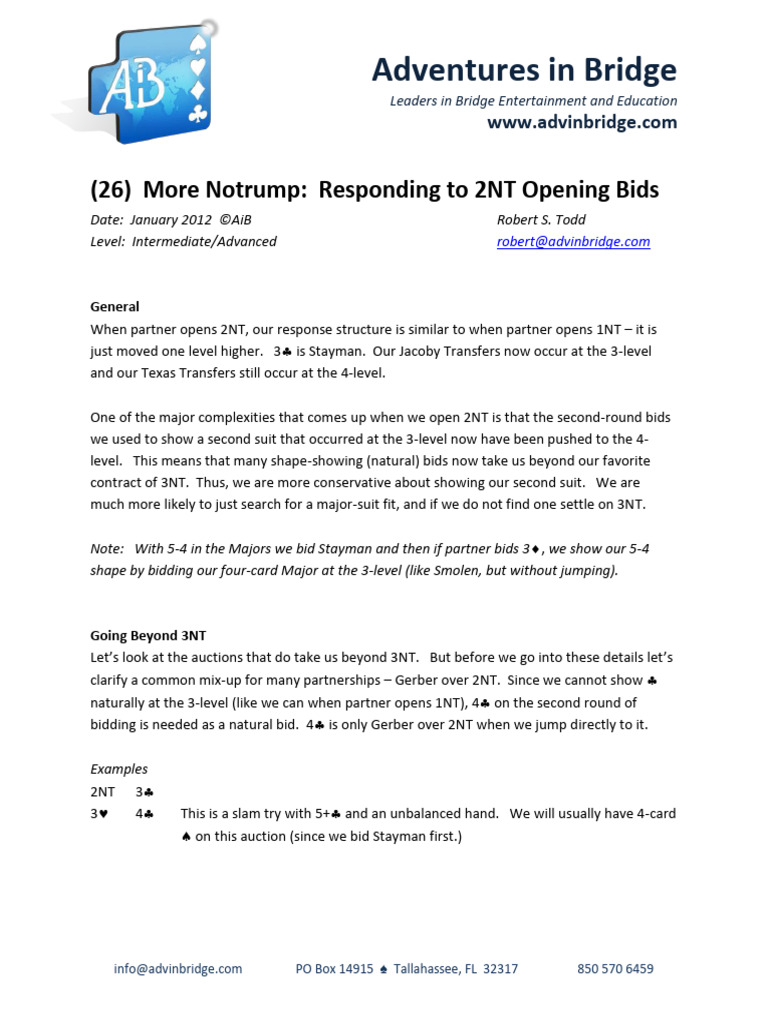 Responding to 2NT Bids in Bridge | PDF | Games Of Chance | Card Games