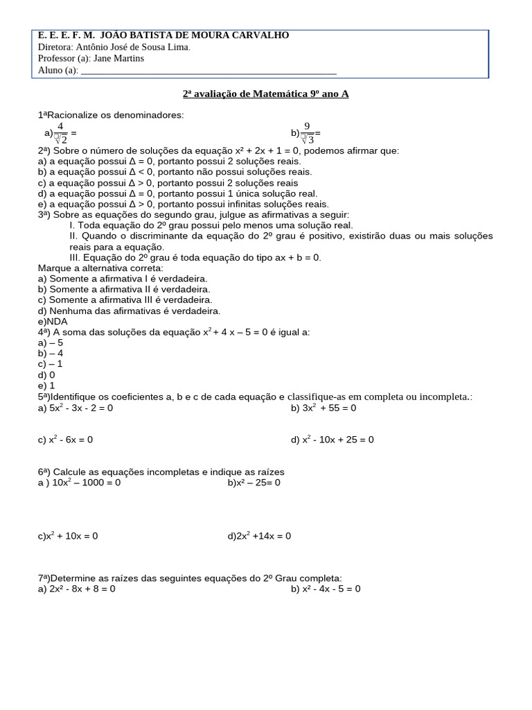 Avaliação de Matemática 9º Ano A | PDF