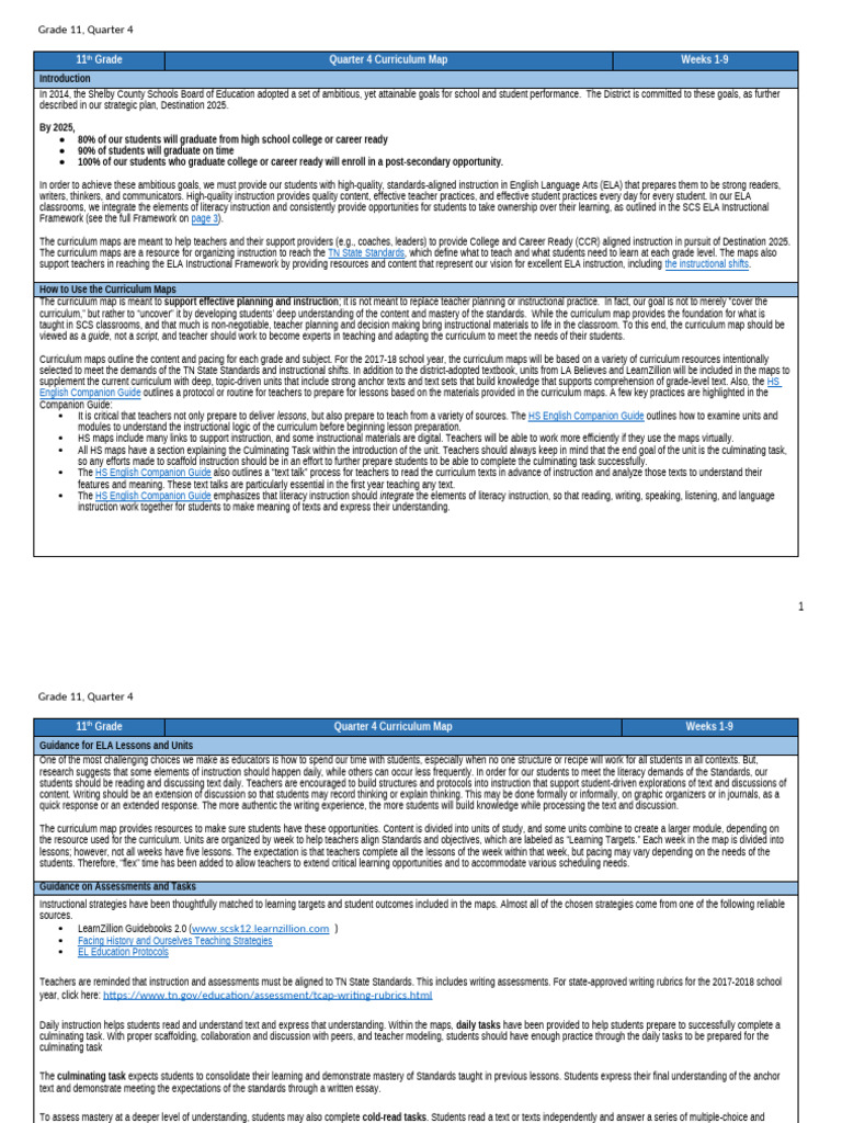 11th Grade ELA Quarter 4 Curriculum Map | PDF | English As A Second Or ...