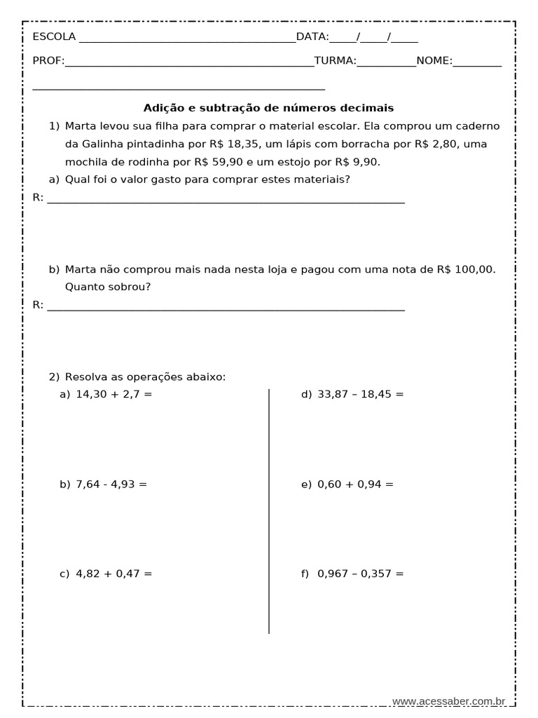 Adição e Subtração de Decimais 4º Ano | PDF