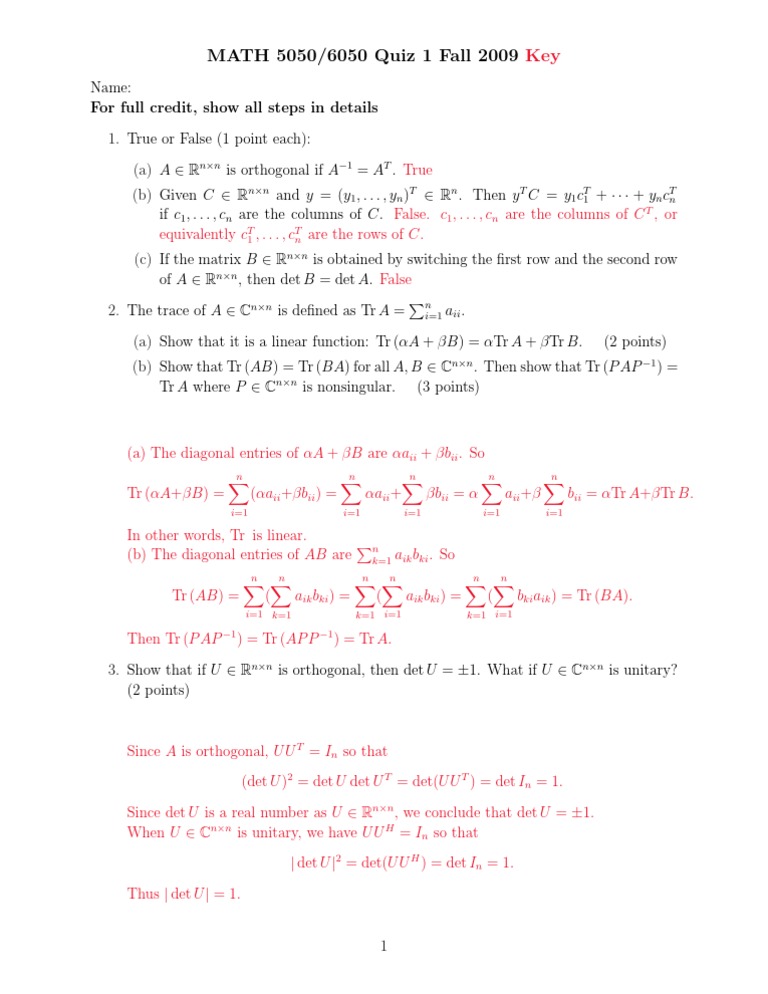 MATH 5050/6050 Fall 2009 Quiz Key | PDF | Teaching Methods & Materials