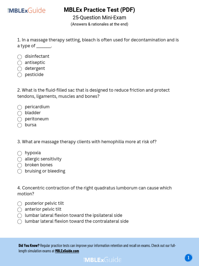 MBLEx Practice Test PDF 25 Question Mini Exam | PDF | Human Leg | Knee