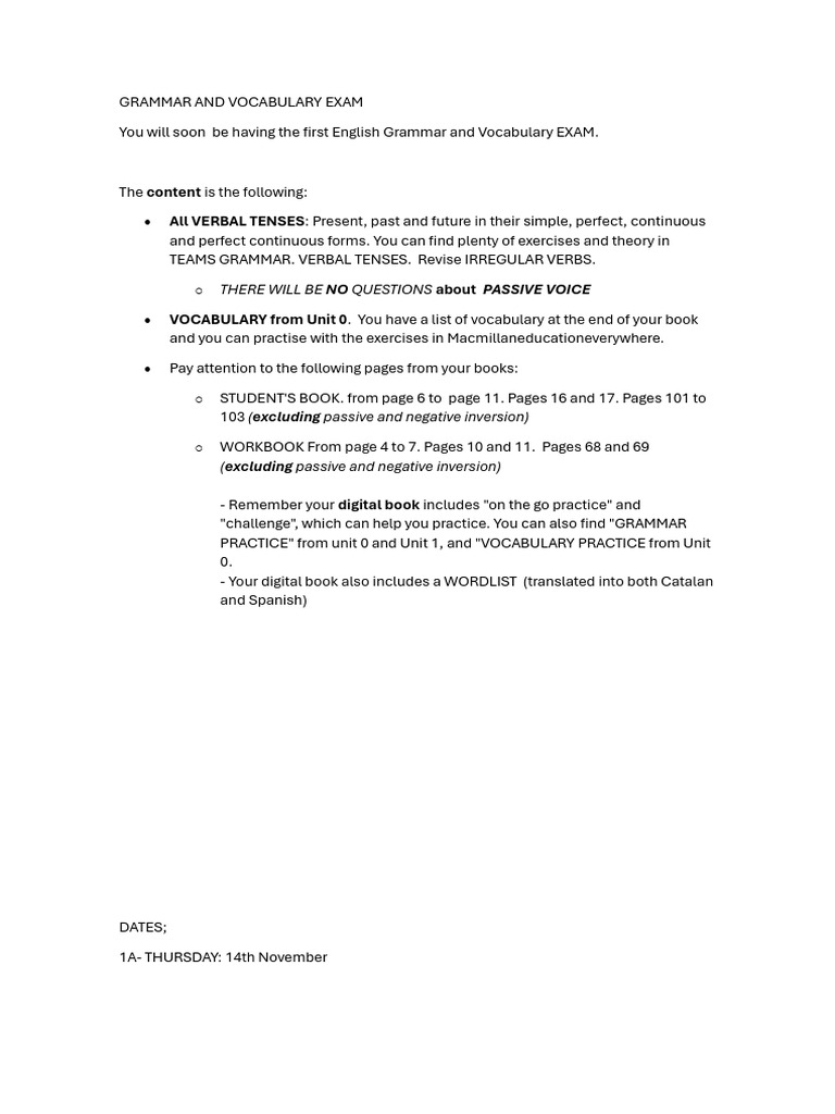 English Grammar and Vocabulary Exam Guide | PDF