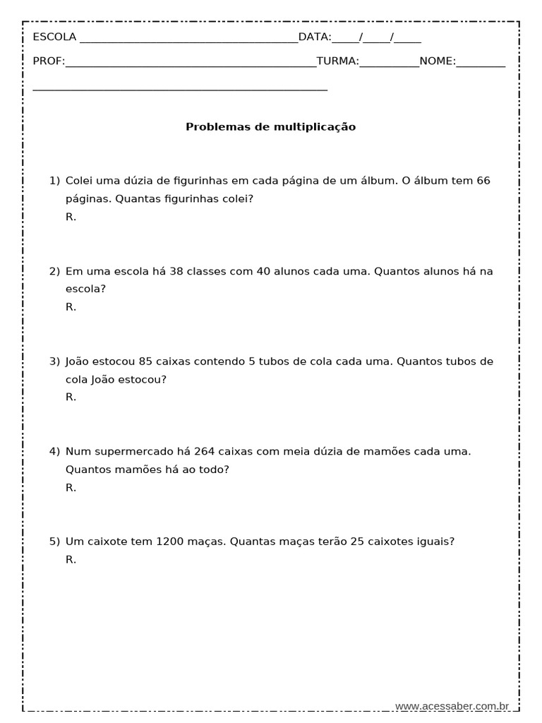 Problemas Multiplicaçao 4 Ano Modelo Editavel | PDF | Carreira e ...