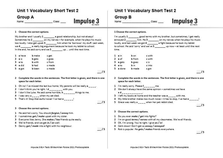 Impulse 3 Unit 1 Vocabulary Test | PDF