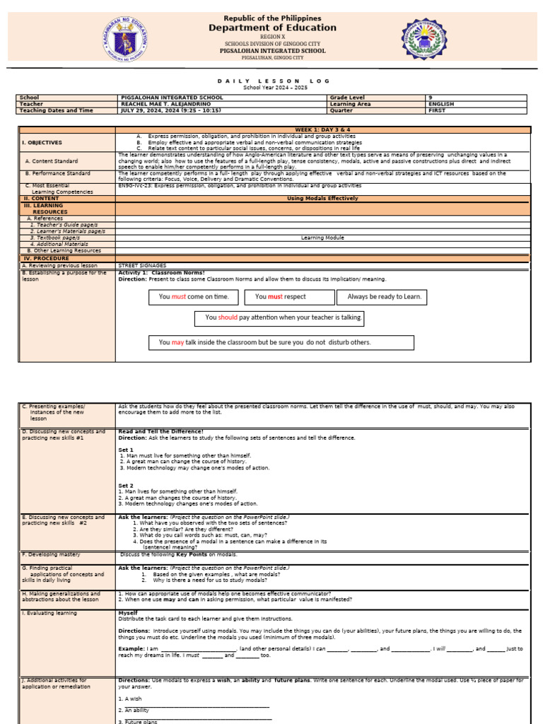 Daily Lesson Log for English 9 | PDF | Learning | Teachers