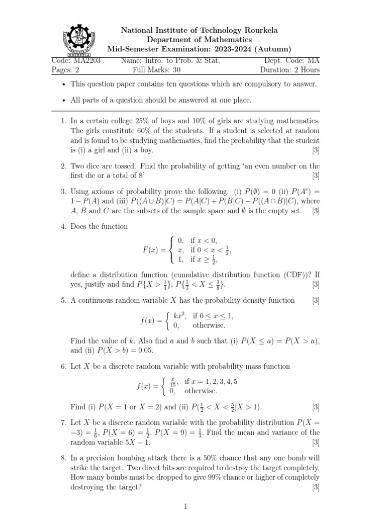 Ma2203 midsems 2023 pdf normal distribution random variable