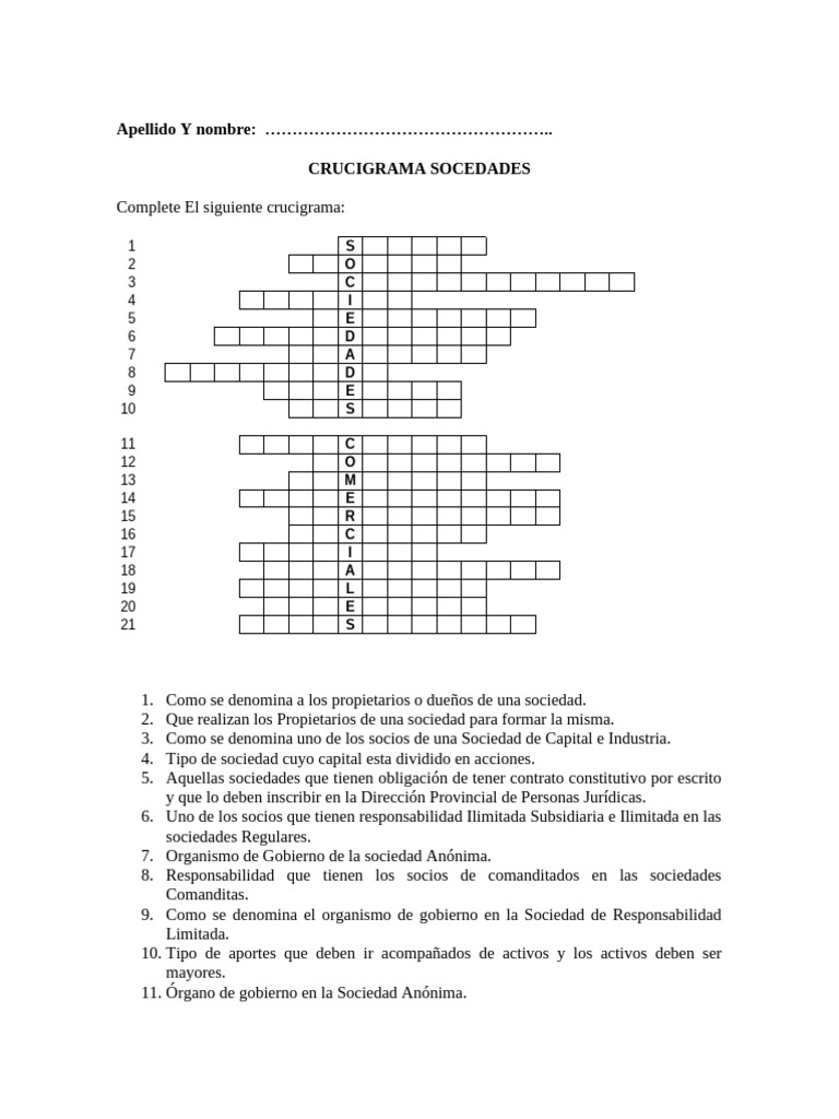 Crucigrama sobre Sociedades Comerciales | PDF