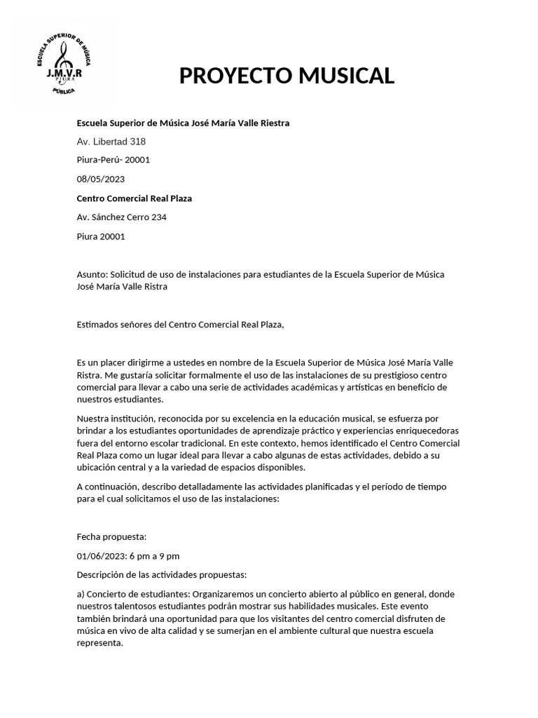 Solicitud de Uso de Instalaciones Musicales | PDF | Escuelas ...