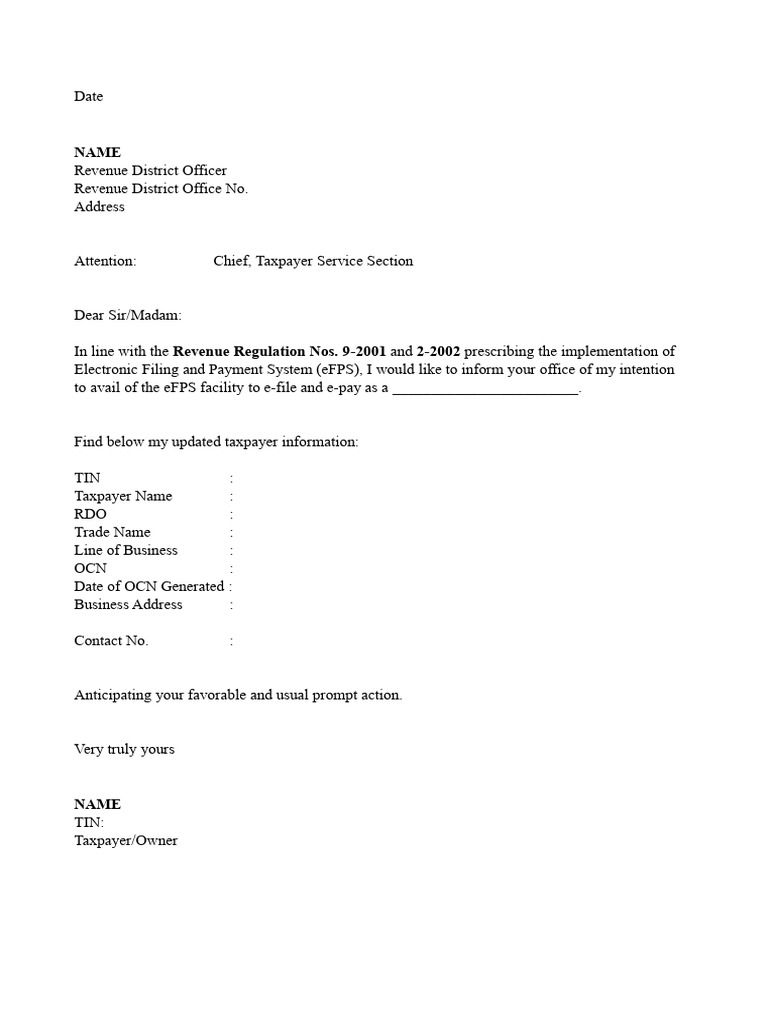 eFPS Registration Intent Letter | PDF | Finance & Money Management
