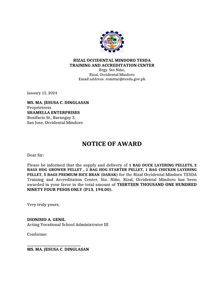 TESDA Award Notices for Shamalla Enterprises | PDF | International ...