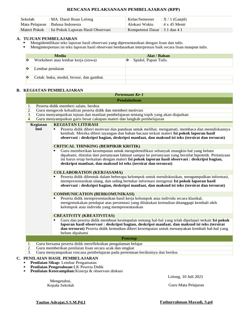 RPP Bahasa Indonesia Kelas X Observasi | PDF