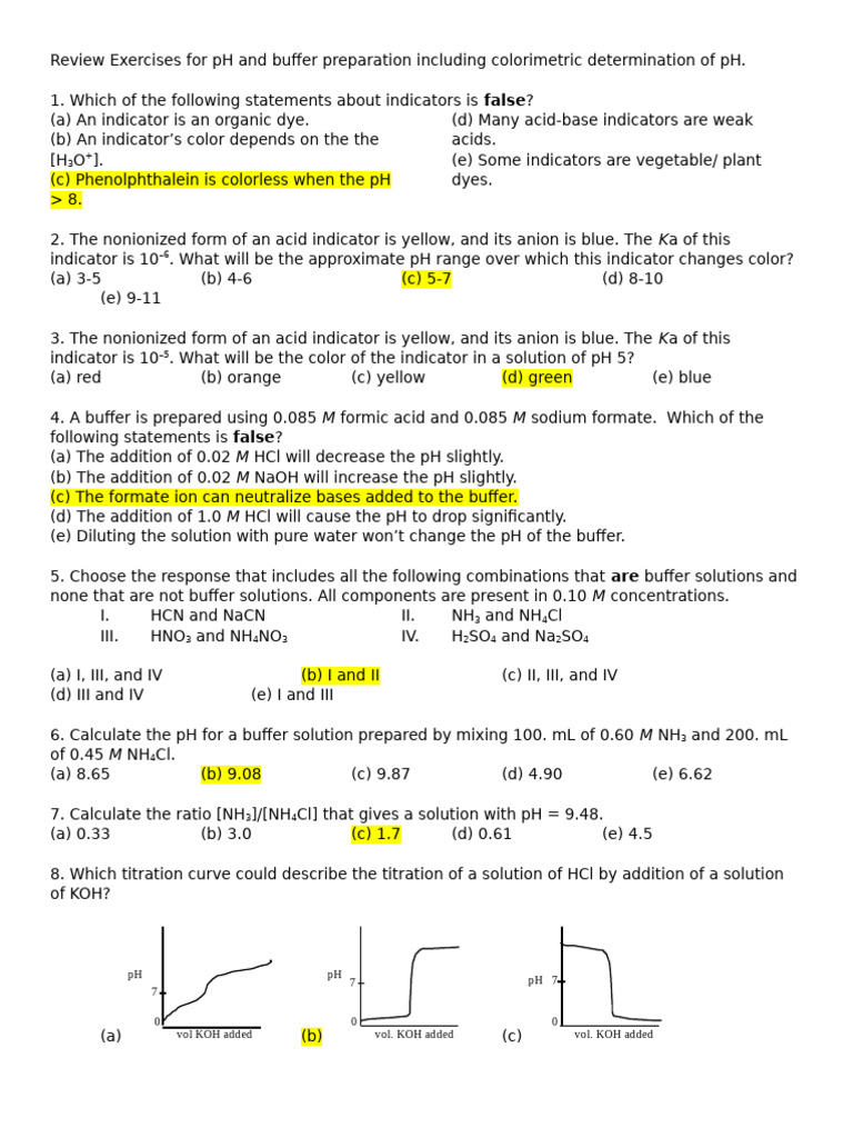 Review Exercises For PH and Buffer Preparation Including Colorimetric ...