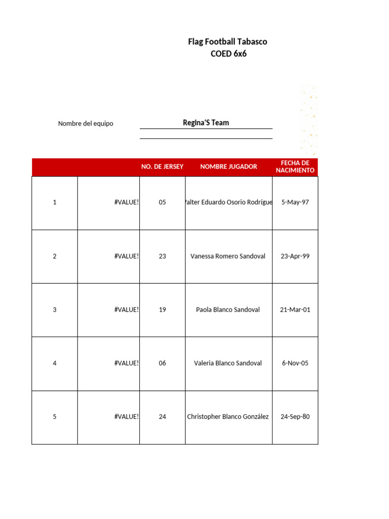 Roster de Regina's Team en Flag Football | PDF