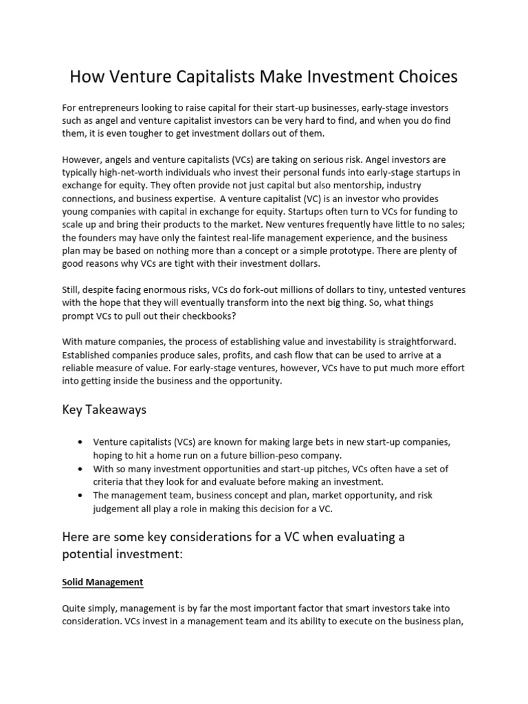 VC Investment Criteria for Startups | PDF | Venture Capital | Corporate ...