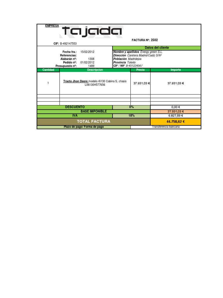 Factura de Tractor John Deere R6130 | PDF