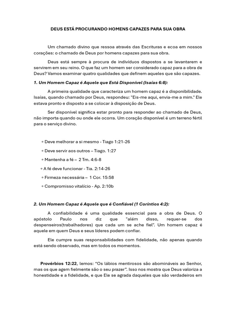 Deus Está Procurando Homens Capazes para Sua Obra | PDF | Deus | Fé