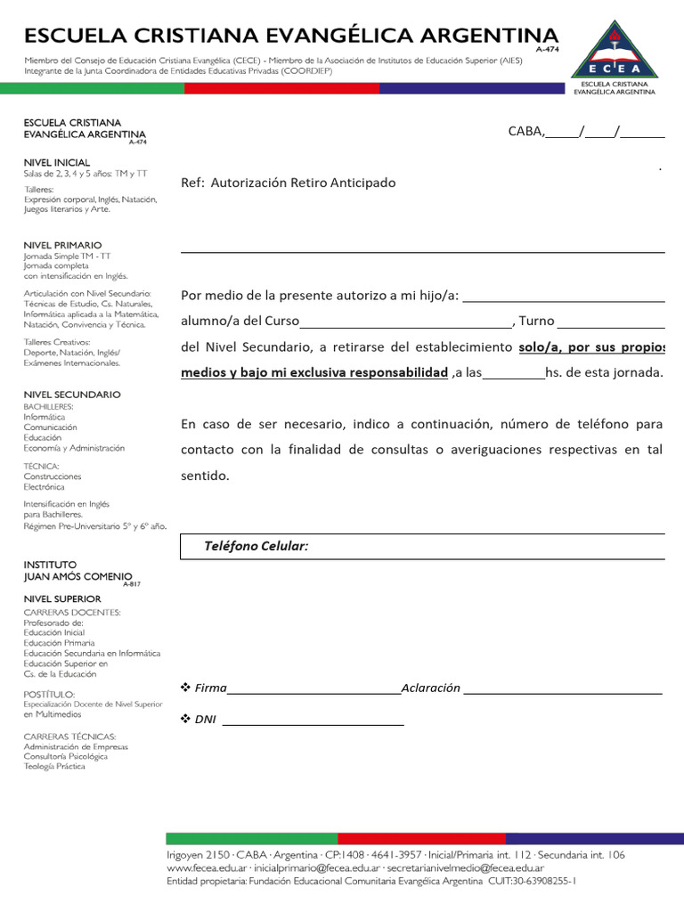 Autorizo Salida Anticipada | PDF