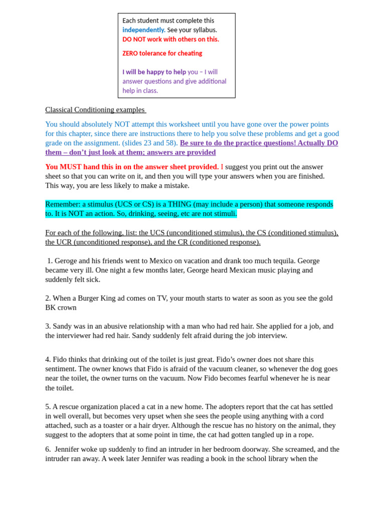 Learning Homework VERSION D 3 | PDF | Classical Conditioning ...
