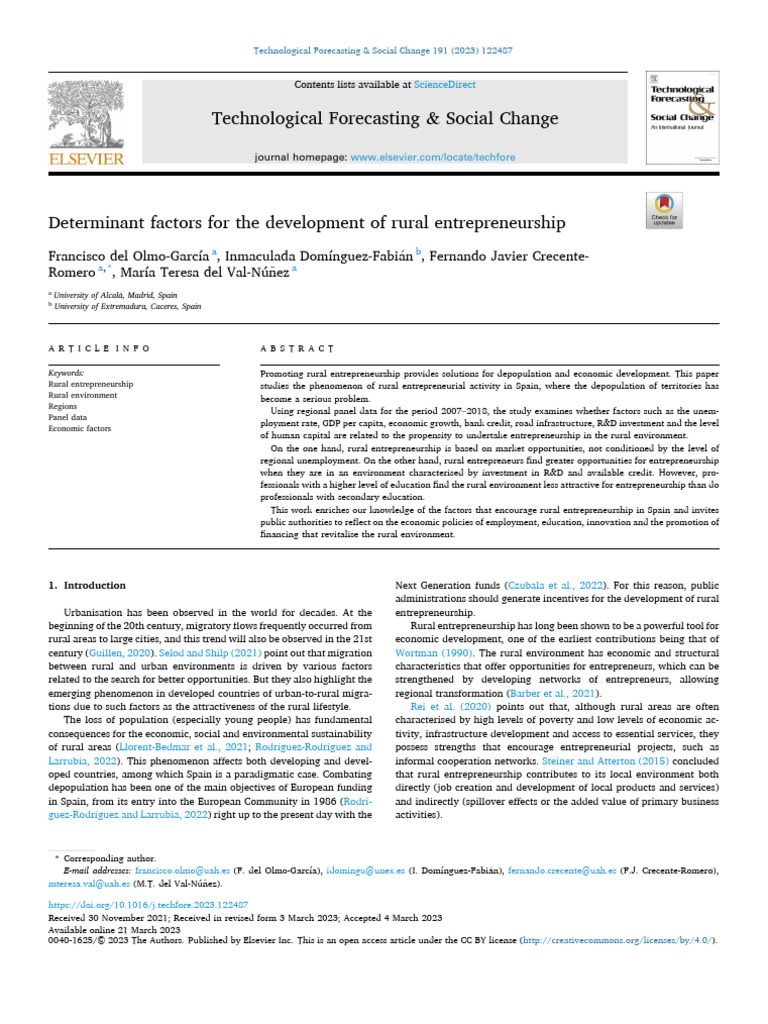 Determinant factors for the development of rural entrepreneurship | PDF ...