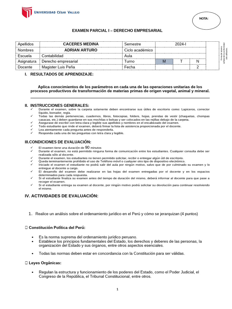 I EXAMEN PARCIAL Derecho Empresarial | PDF | Sociedad de ...