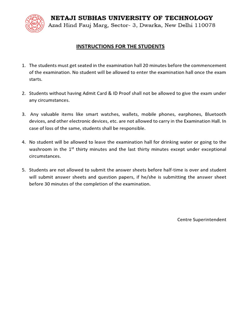 Exam Instructions for Students at NSUT | PDF