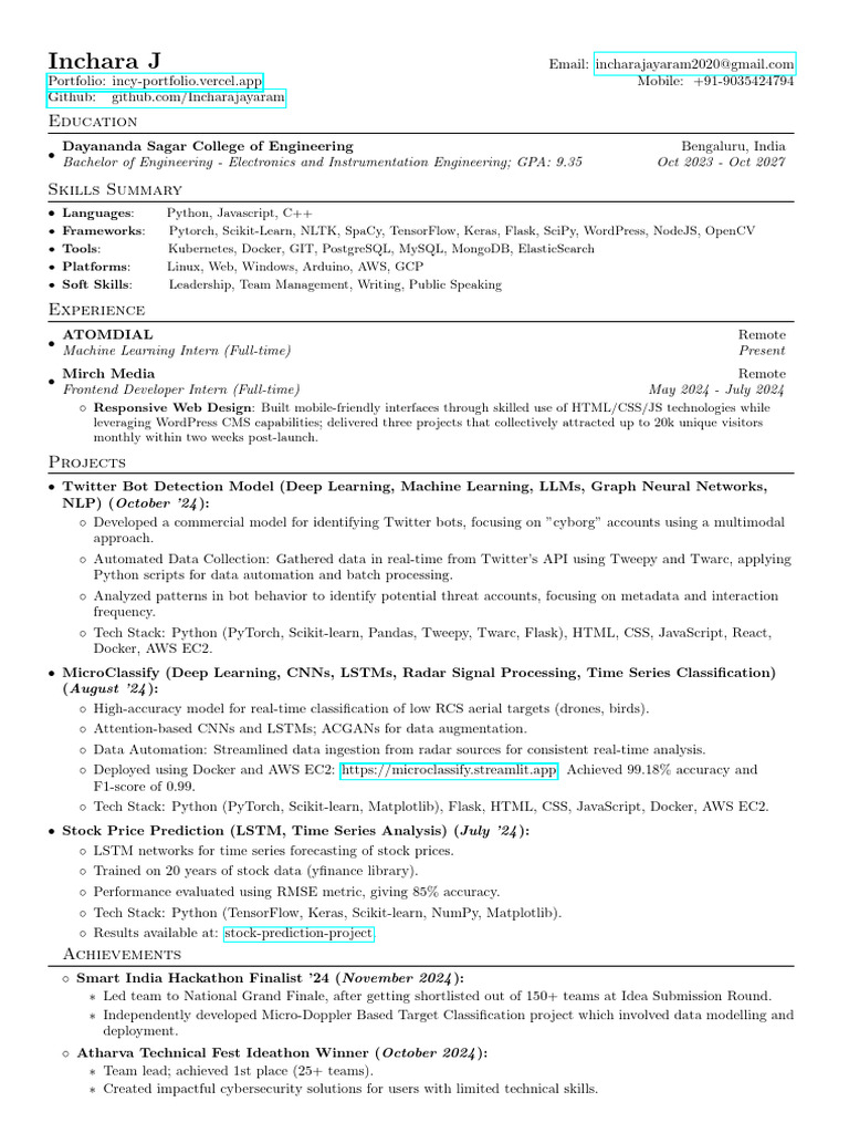 Inchara Resume 11th Nov | PDF | Computing | Software Engineering