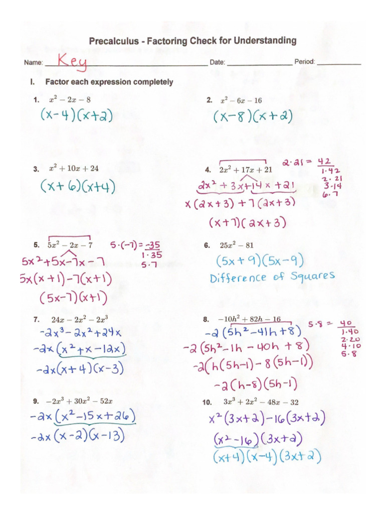 Factoring - Check For Understanding Key | PDF