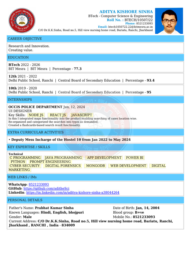 Computer Science Student Profile | PDF