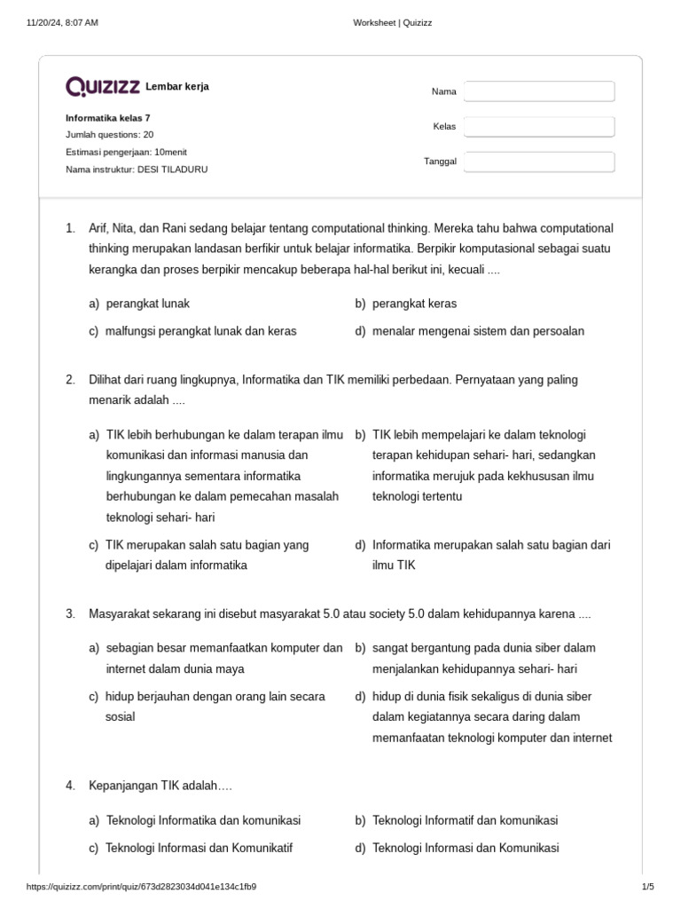 Worksheet Informatika Kelas 7 Semester 2 | PDF