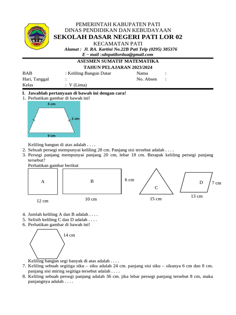 Soal Ulangan Matematika Bab V Kelas 5 Kurikulum Merdeka | PDF