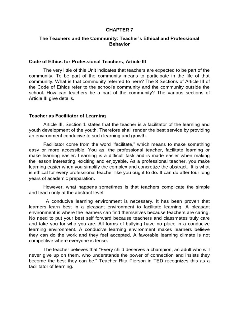 Chapter 7 The Teachers and The Community Teachers Ethical and ...